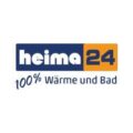 Logo der Marke heima24 in Blau und Orange auf weißem Hintergrund, mit dem Slogan '100% Wärme und Bad' darunter.