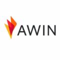 AWIN Logo mit farbigem Flammen-Icon in Rot, Orange und Gelb sowie schwarzem Schriftzug auf weißem Hintergrund im quadratischen Format.
