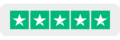 Trustpilot Bewertung mit 5 von 5 weißen Sternen auf grünen Quadraten, hellgrauer Hintergrund.